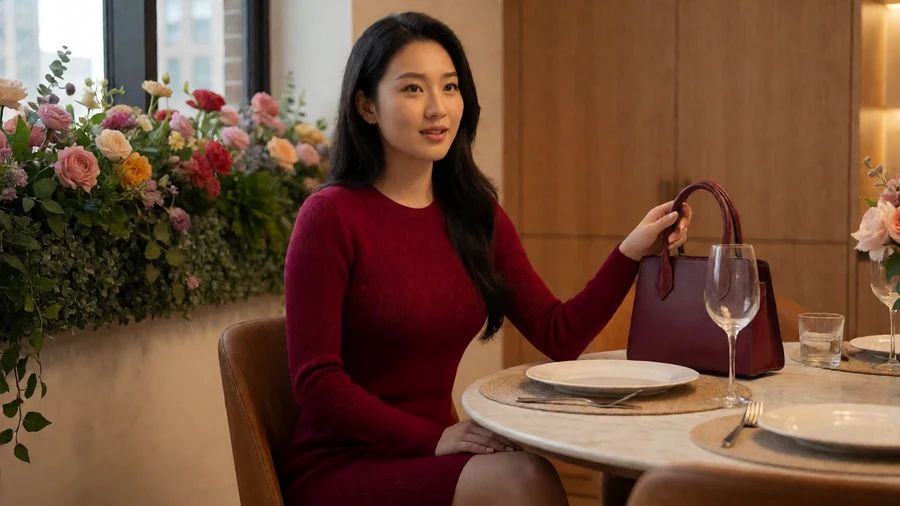 成年女性穿酒红色修身短裙坐在室内餐桌旁，桌边有鲜花