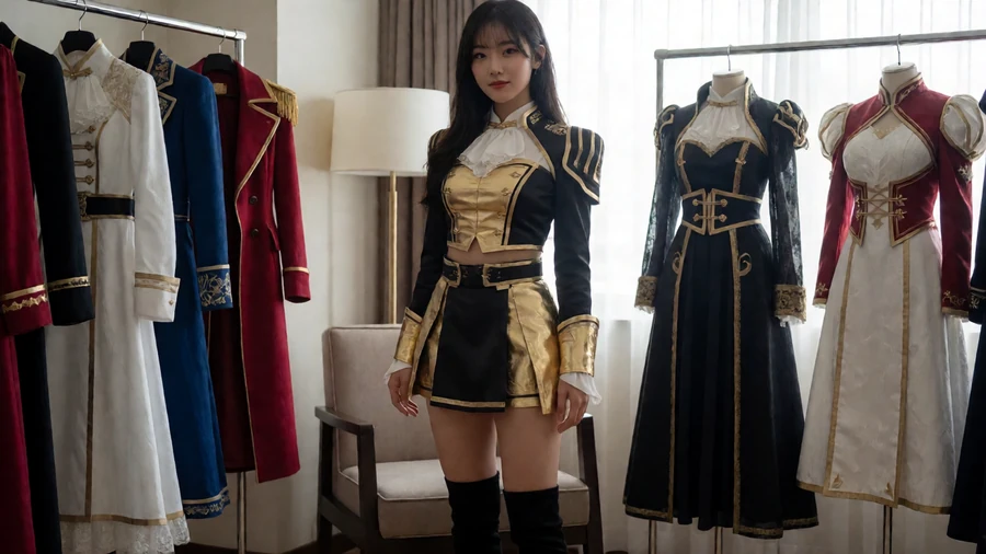 成年女性穿黑金色舞台短裙和长靴站在服装陈列区